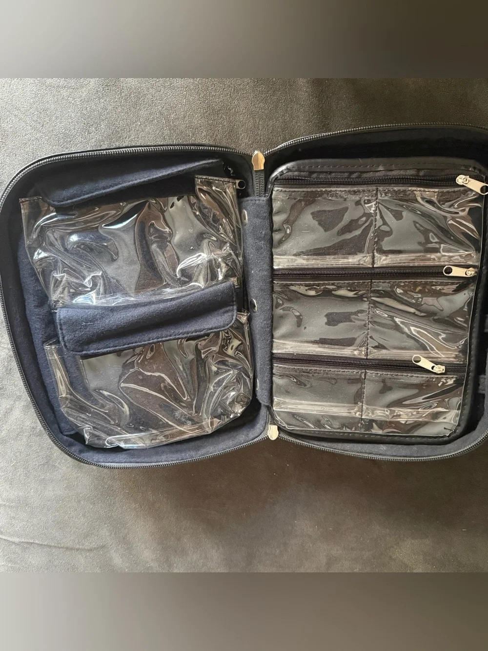 Black Quilted Jewelry Organizer Travel Case with Removable Clear Zip Pouches
